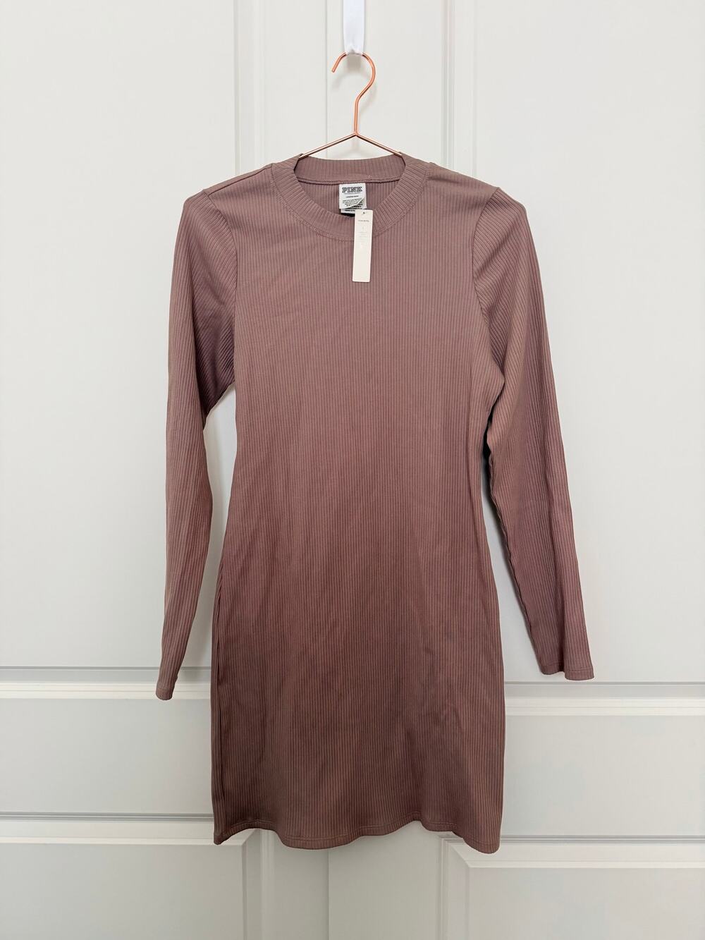 Victoria's Secret PINK mock neck rib mini dress tan light brown long sleeve